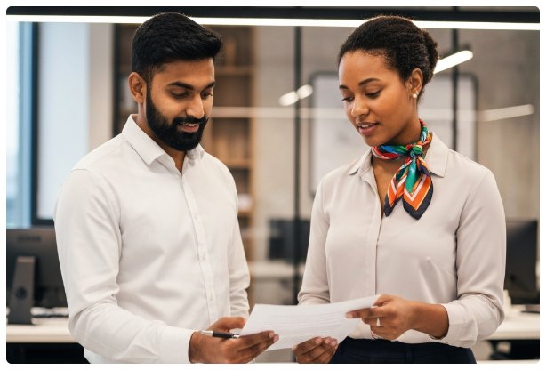 Two colleagues reviewing a document together
